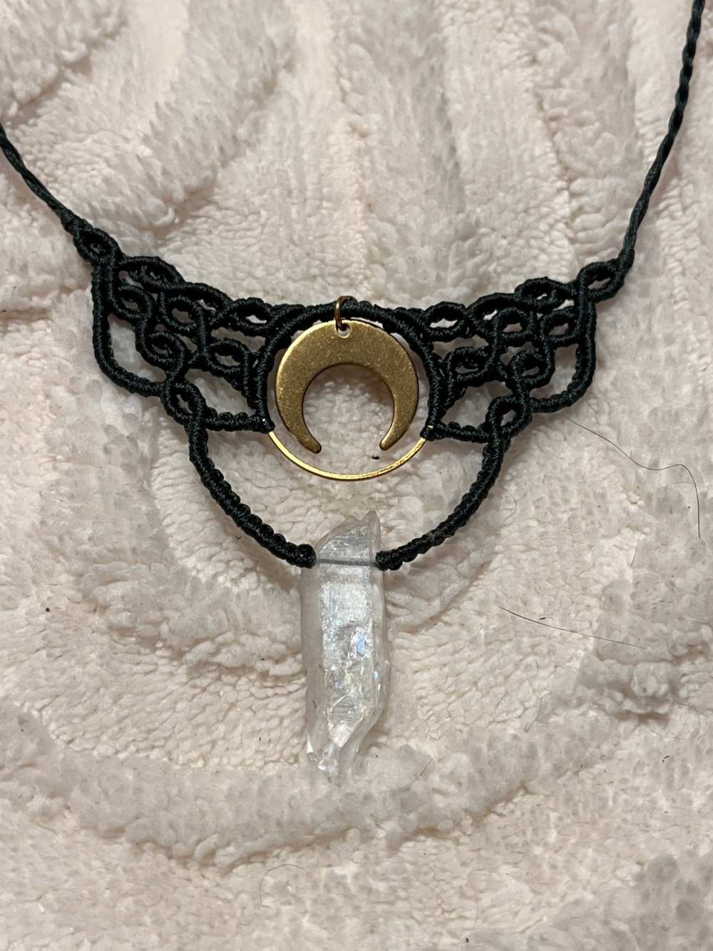 Dark Green Macrame Choker with Gold Crescent Moon and Quartz